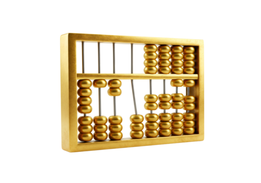 金色のそろばんのクローズアップ 透明な背景に分離されたゴールドの算盤 伝統的な計算ツールと教育の概念