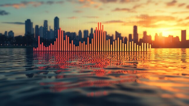Cityscape sunset reflects soundwave data over water