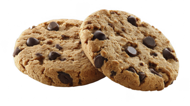 Two appetizing chocolate chip cookies stacked together, showing texture and detail, homemade treat, baked snack, on a transparent background, PNG image, PNG file.