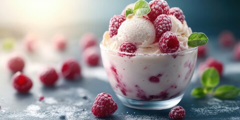 Delicious raspberry ice cream dessert served in a clear bowl with mint leaves and fresh berries