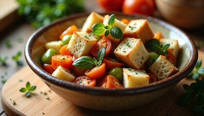 Rustic Panzanella salad in an earthenware bowl representing a traditional Italian dish