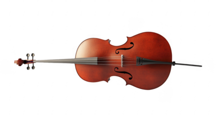 Classic cello displaying a dark wood grain and elegant f-holes, with tuning pegs and strings showcased on transparent background, PNG image, PNG file.