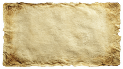 Aged parchment paper with a textured and stained border, perfect for antique maps, documents, or vintage designs, on a transparent background, PNG image, PNG file.