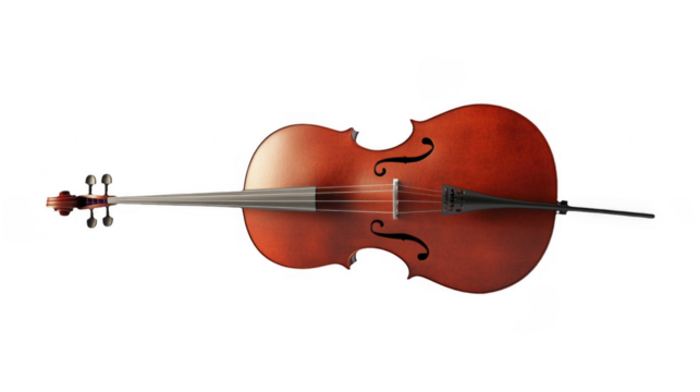 Classic cello displaying a dark wood grain and elegant f-holes, with tuning pegs and strings showcased on transparent background, PNG image, PNG file.