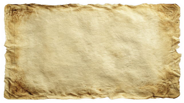 Aged parchment paper with a textured and stained border, perfect for antique maps, documents, or vintage designs, on a transparent background, PNG image, PNG file.