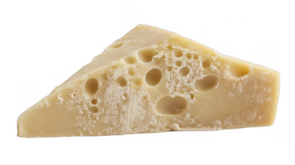 Wedge of firm yellow cheese with internal holes, creating a Swiss type appearance, food photography for gourmet, on a transparent background, PNG image, PNG file.