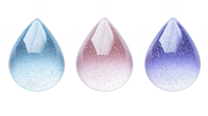 Three colorful water drops, suspended in air, shimmering with glitter, with blue, pink, and purple gradients, on a transparent background, PNG image, PNG file.