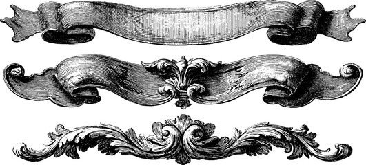 Vintage engraved ribbon and floral ornament set for design and decoration