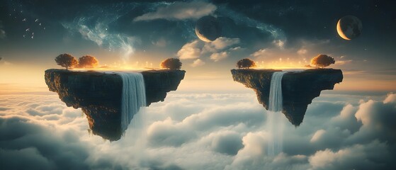 Heavenly Islands: A breathtaking, surreal view of floating islands in the heavens, with cascading waterfalls, all under a majestic starry sky and celestial bodies. A scene that evokes wonder and awe.