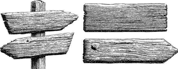 Rustic engraved signpost with arrows - vintage woodcut style for directional design