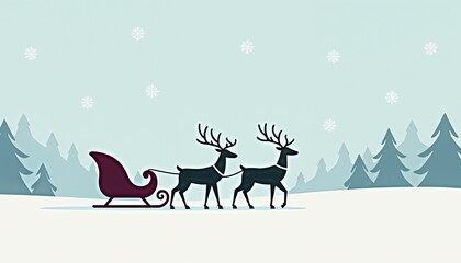 Silhouetted Santa Claus and two reindeer calm crossing snowy landscape against muted blue sky