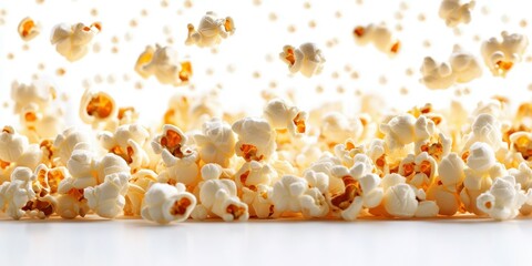 Popcorn kernels explode in mid-air creating a fun and dynamic composition during a snack preparation session