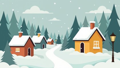 Fototapeta premium Stylized illustration of a quiet winter village in muted colors representing a peaceful snowy day