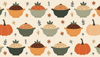Repeating autumn harvest pattern with pumpkins and bowls in muted warm colors representing cozy fall themes