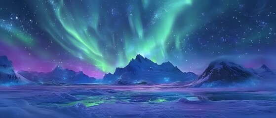 Fototapeta premium Dancing Lights Over a Majestic Winter Realm: The ethereal aurora borealis paints the night sky with vibrant hues above snow-covered peaks and icy landscapes.