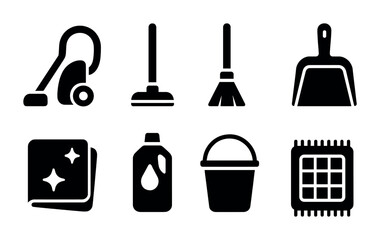 Cleaning and housekeeping solid icon set – flat style home maintenance, janitorial, and sanitation symbols for chores: vacuum, brush, mop, broom, dustpan, cloth, detergent, bucket.
