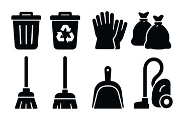 Cleaning and sanitation solid icon set – silhouette style hygiene, waste management, and janitorial symbols for household and office: trash bin, recycle, gloves, broom, vacuum, dustpan.