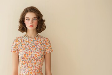 Obraz premium Retro-style woman in floral orange dress standing against neutral beige background, vintage inspired feminine portrait with soft tones and classic fashion details