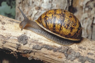 Closeup of a snail moving slowly on a wooden surface in a natural environment, Close-up of a snail slowly creeping on wood