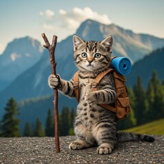 Obraz premium Adventurous Kitten on a Mountain Hike A Hilarious Journey into the Wild