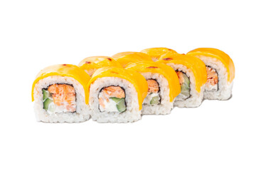 Sushi rolls with baked salmon, cream cheese, cucumber and cheese topping