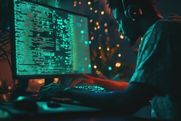 Working on digital data analysis with coding symbols visible on screen during nighttime, Digital data icons and coding over person working on computer
