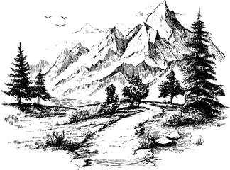 Engraved mountain landscape with scenic path and pine trees for artistic design