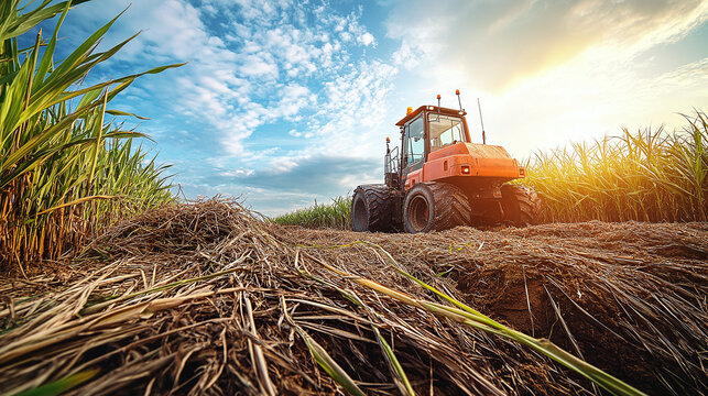  A heavy machine harvests and collects sugarcane in a field