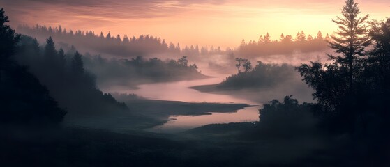 Obraz premium Misty River at Dawn: Serene landscape photo of a river winding through a misty forest at dawn. The soft light of the rising sun casts a magical glow on the scene.