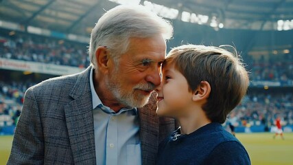 Grandfather and grandson enjoying a football match.