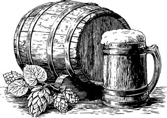 Vintage beer concept with engraved barrel and hop flower design for brewing art print