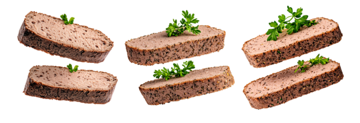 Set of Slices of seasoned Pate Liver Meat loaf stacked and garnished with fresh parsley, isolated on white transparent background, concept of delicious food