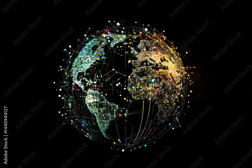 Poster digital data processing network connecting global locations with vibrant visual representations, dig