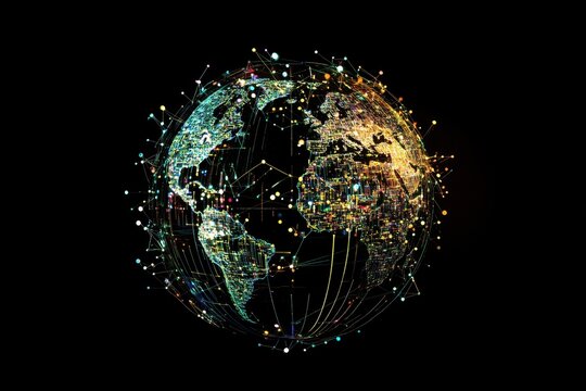 Digital data processing network connecting global locations with vibrant visual representations, digital data processing over globe with connections on black background - Powered by Adobe