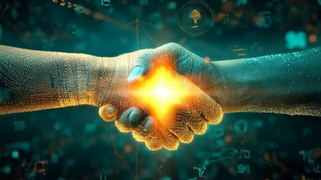 Futuristic Digital Handshake Symbolizing Secure Blockchain Voting System and Trust