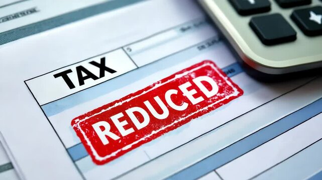 A tax document showing the word "TAX" and a red stamp that says "REDUCED," accompanied by a calculator, indicating a decrease in tax liability.