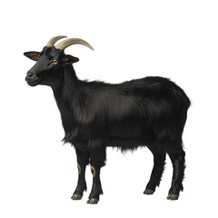 Fototapeta premium Majestic black goat with long silky fur standing isolated on pet farm side on transparent background