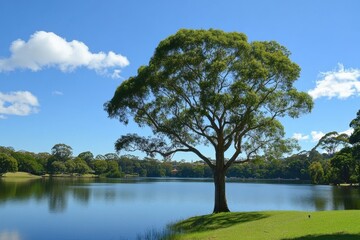 Large tree stands gracefully by the calm waters of a Sydney park under a clear blue sky, Beautiful Large Tree In Sydney Park