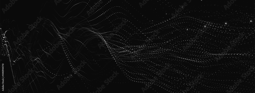 Poster futuristic dot wave. abstract digital particle wave. black and white music wave. dark background. di