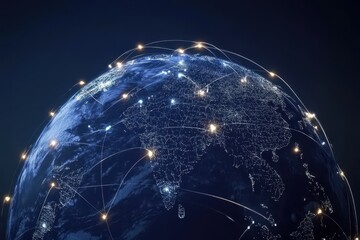 Global network of connections depicted with illuminated paths across continents and countries at night, network of connections over globe with 6g text