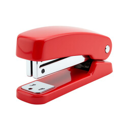 Bright red stapler on white background.
