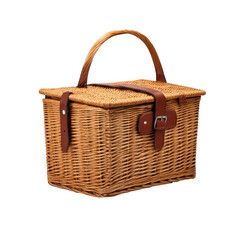 Wicker picnic basket with leather straps isolated on transparent background