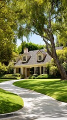 Suburban home nestled among trees, sunny driveway, perfect for a tranquil lifestyle, ideal for showcasing a quiet neighborhood