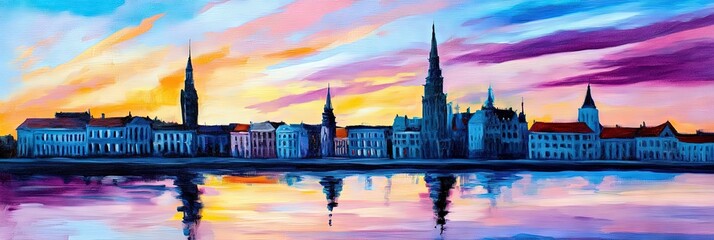 Naklejka premium oil painting riga latvia downtown skyline -