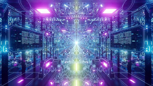A robotic data tunnel with bright, flickering neon lights. in seamless VJ loop. Perfect for visualization of audio beats in music videos, stage performance walls