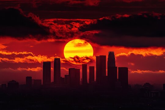 Sunrise over skyscrapers creates a stunning skyline view with vibrant colors and dramatic clouds, Time lapse of the sun rising from behind the mountains