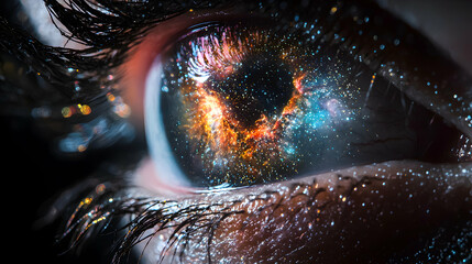 A close up eye showing a universe inside. A stunning visual representing infinite potential. Use it as a captivating background for any artistic project.