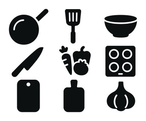 Fototapeta premium Kitchen essentials silhouette icon set – flat style cooking, culinary, and food preparation tools: pan, spatula, bowl, knife, cutting board, vegetables, stove, garlic.