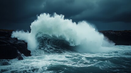 Fototapeta premium Crashing ocean wave breaking on black rocks against a dramatic stormy sky