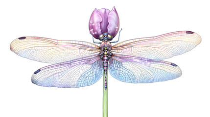 Detailed illustration, iridescent dragonfly, delicate wings, intricate patterns, purple tulip flower, green stem, sparkling stars, white background